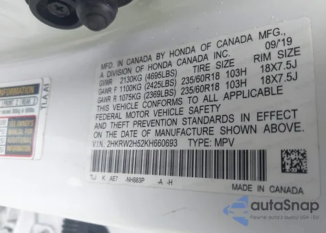 2019 Honda Cr-V Ex z USA, uszkodzony, nr VIN 2HKRW2H52KH660693